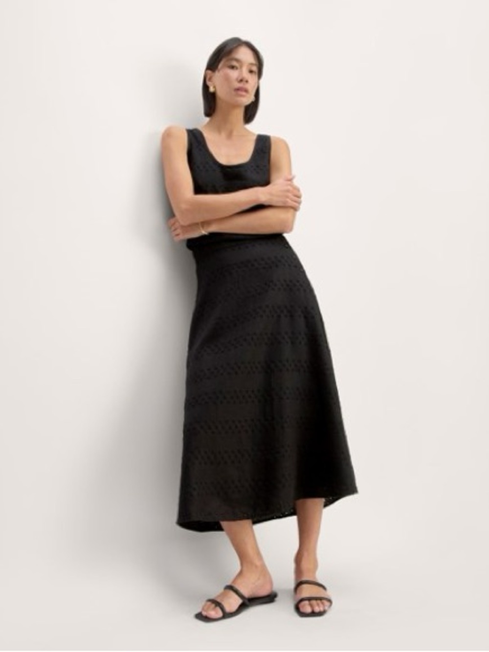 NWT EVERLANE The Linen Eyelet Midi Skirt | Black Eyelet SZ 8